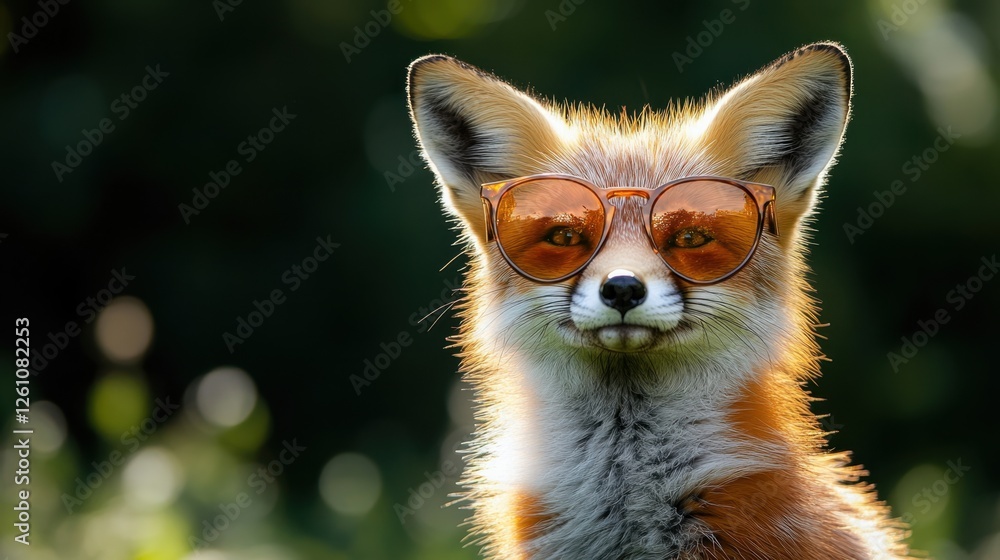 Fototapeta premium Curious fox wearing stylish sunglasses poses in a sunlit meadow surrounded by vibrant greenery during a warm afternoon