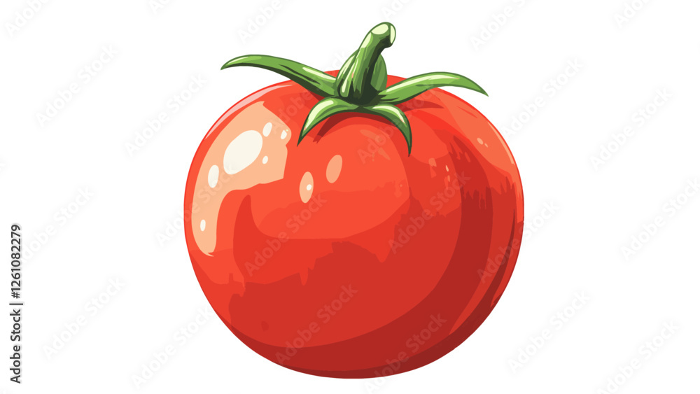 Realistic vector illustration of a ripe red tomato with green leaves, perfect for food and culinary designs Realistic vector illustration of a ripe red tomato with green leaves, perfect for food and culinary designs