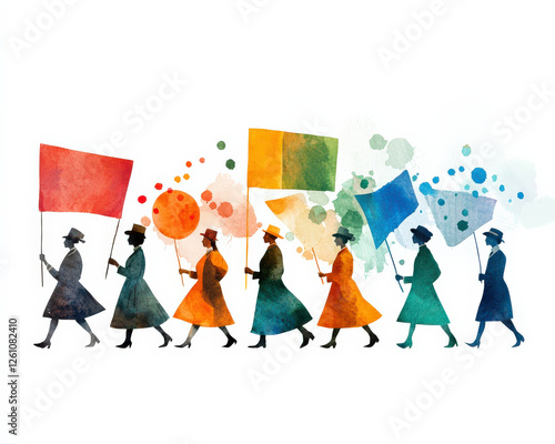 vibrant watercolor illustration of suffragettes marching with colorful flags, symbolizing unity and empowerment in fight for women rights