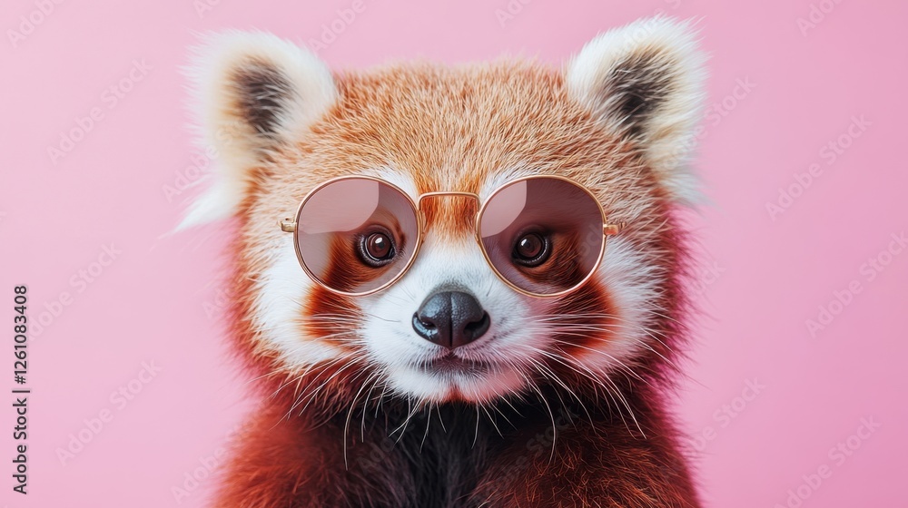 Charming red panda wears stylish sunglasses against a vibrant pink backdrop showcasing its adorable features and playful personality Charming red panda wears stylish sunglasses against a vibrant pink backdrop showcasing its adorable features and playful personality