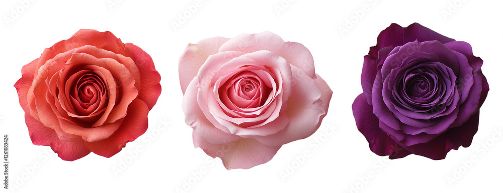 Three Elegant Rose Flowers Red, Pink, and Purple Blooms on Transparent Background Three Elegant Rose Flowers Red, Pink, and Purple Blooms on Transparent Background