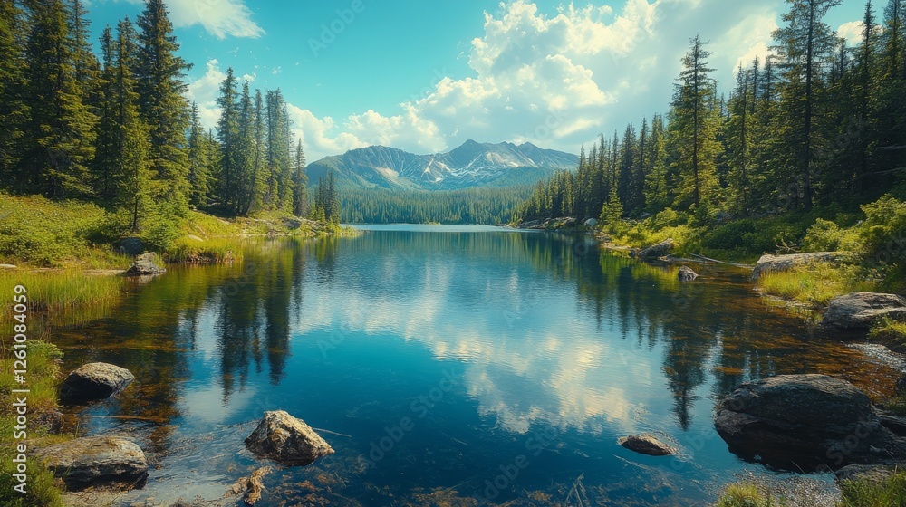 Fototapeta premium Alpine Lake Serenity: Reflections of Mountains and Forests in Still Water Beneath a Cloudy Sky, a Tranquil Scene of Nature's Beauty and Untouched Wilderness.