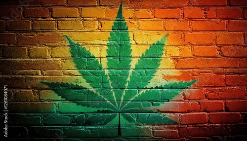 Colorful mural of a cannabis leaf on a brick wall in an urban setting