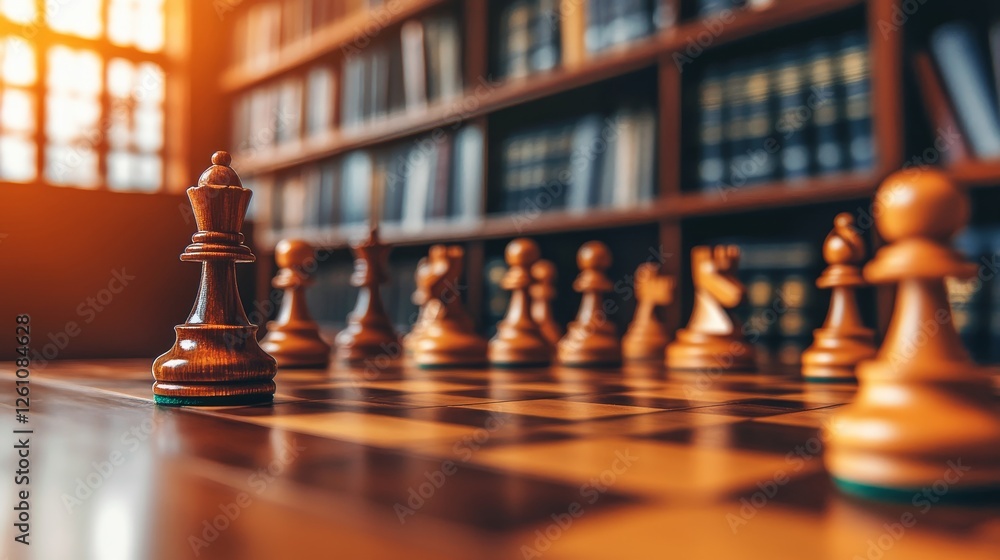Chess pieces arranged on a wooden board in a library setting, warm sunlight illuminating the scene Chess pieces arranged on a wooden board in a library setting, warm sunlight illuminating the scene