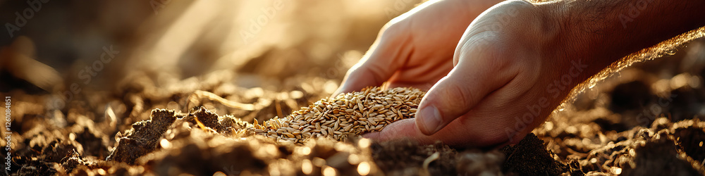 Hands Planting Grains in Soil at Sunset Hands Planting Grains in Soil at Sunset