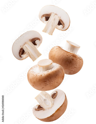 Fresh royal brown champignon mushrooms falling on transparent background