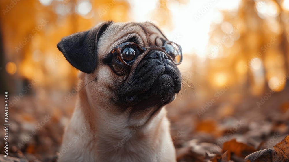 Pug wearing stylish glasses enjoys an autumn stroll through a park adorned with fallen leaves Pug wearing stylish glasses enjoys an autumn stroll through a park adorned with fallen leaves