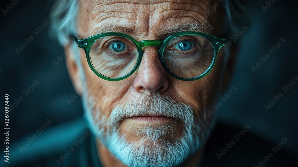 Captivating gaze of a distinguished elder man with striking blue eyes and glasses in a soft, moody light