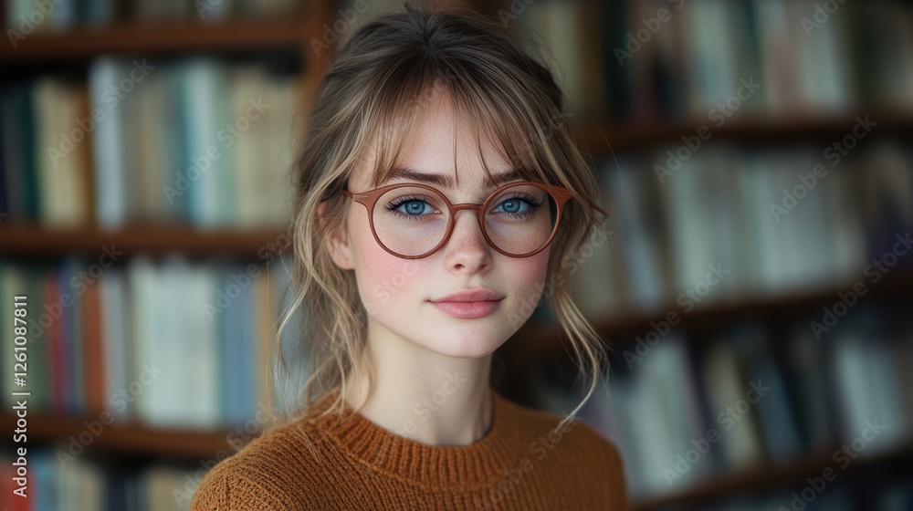 Young woman with glasses gazes thoughtfully in a cozy library filled with books during a quiet afternoon Young woman with glasses gazes thoughtfully in a cozy library filled with books during a quiet afternoon