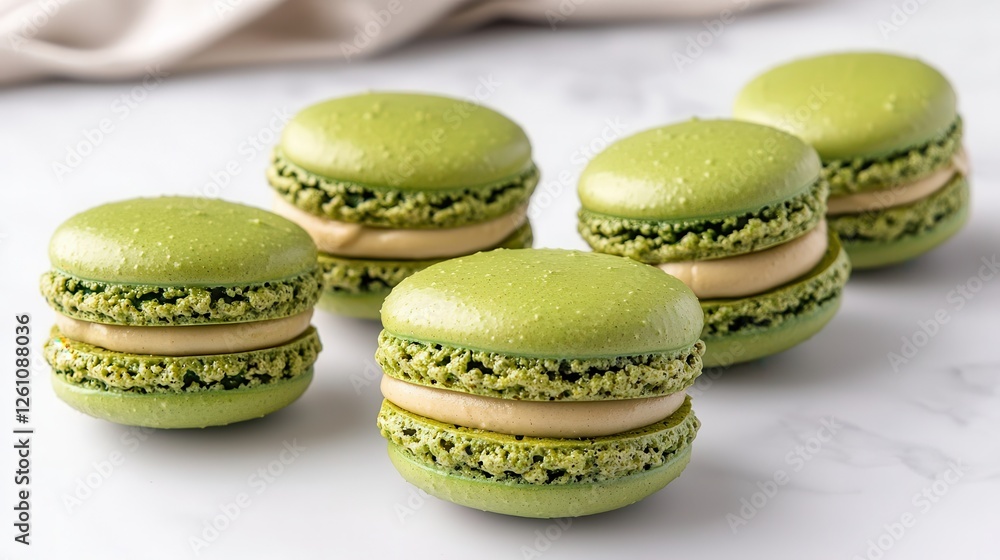 Organic matcha dessert. Green macarons arranged on a marble surface with soft lighting. Organic matcha dessert. Green macarons arranged on a marble surface with soft lighting.