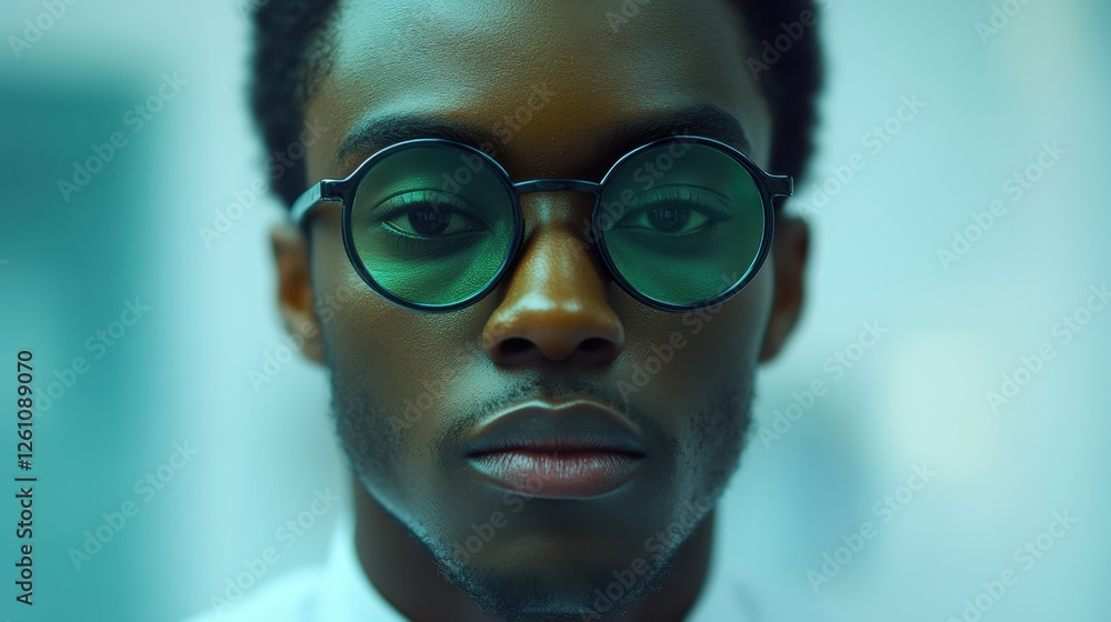 Intense gaze of a young man in round glasses conveying deep emotions in a softly lit, contemporary setting Intense gaze of a young man in round glasses conveying deep emotions in a softly lit, contemporary setting