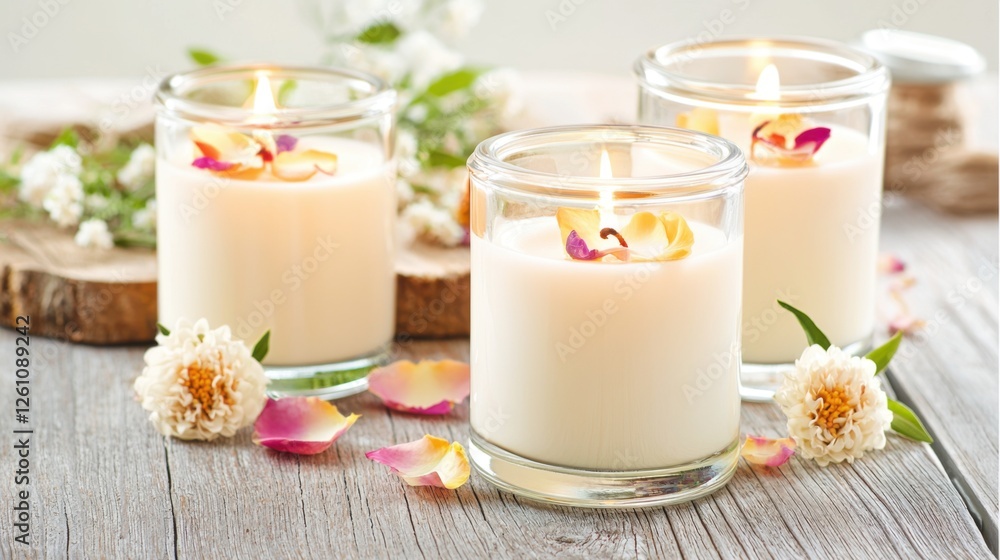A cozy spring candle collection in elegant glass jars, infused with real flower petals, soft glowing light reflecting on a rustic wooden table A cozy spring candle collection in elegant glass jars, infused with real flower petals, soft glowing light reflecting on a rustic wooden table