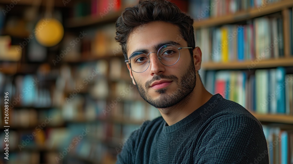 Fototapeta premium Captivating gaze of a young man in a cozy library filled with books during the afternoon