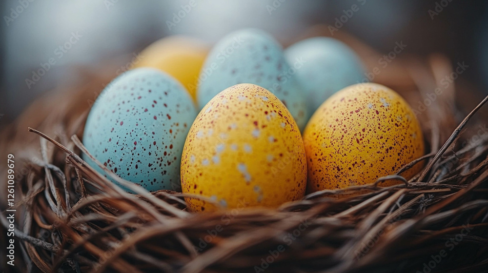 Decorated Easter Eggs In A Basket With Bright Pastel Colors Decorated Easter Eggs In A Basket With Bright Pastel Colors