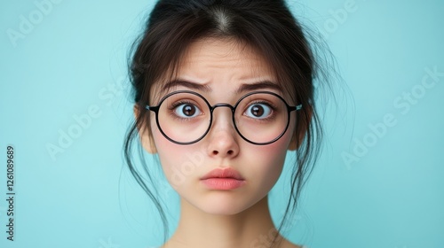Expressive young woman with large round glasses showing surprise against a pastel blue background during a candid indoor moment in the afternoon