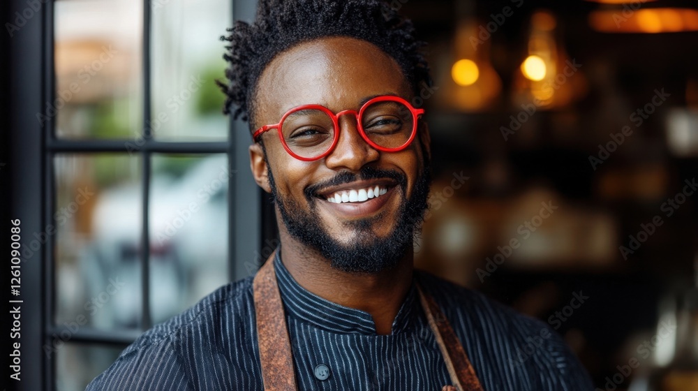 Smiling barista in a cozy cafe wearing red glasses and a black apron, creating an inviting atmosphere for customers Smiling barista in a cozy cafe wearing red glasses and a black apron, creating an inviting atmosphere for customers