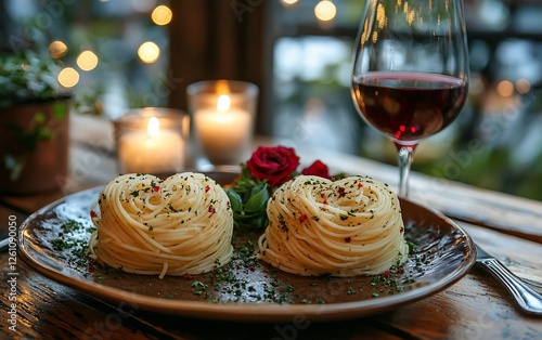 Romantic Pasta Dinner with Wine photo