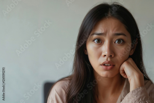 Face of Asian woman with a dubious expression and surprise looking at camera. Family problems, fear