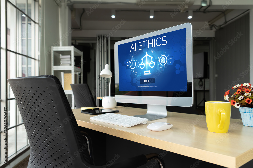 AI ethics responsibility standard law and rules on computer screen provide report of AI ethic transparency preventing technology crime. brisk AI ethics responsibility standard law and rules on computer screen provide report of AI ethic transparency preventing technology crime. brisk
