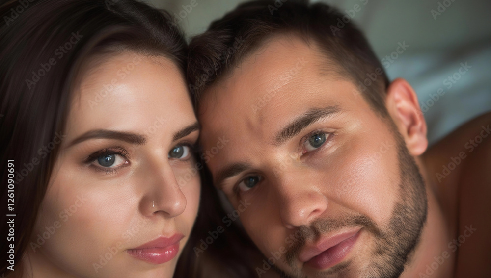 Extreme close-up portrait of a couple sitting on a bed, their heads resting together, captured in soft, romantic lighting. Extreme close-up portrait of a couple sitting on a bed, their heads resting together, captured in soft, romantic lighting.
