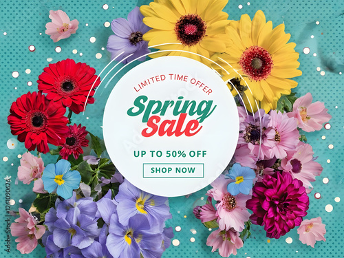 greeting card with flowers, Vibrant Spring Sale Advertisement Featuring Colorful Floral Design