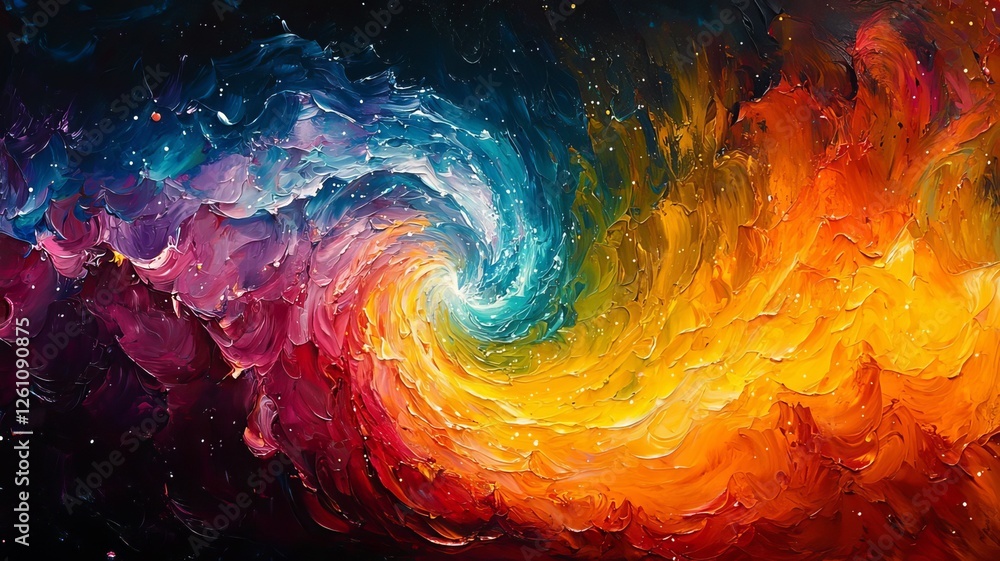 Fototapeta premium Vibrant Cosmic Swirl: A stunning abstract representation of a galaxy, blending fiery oranges and cool blues, perfect for inspiring creativity and wonder in any space.