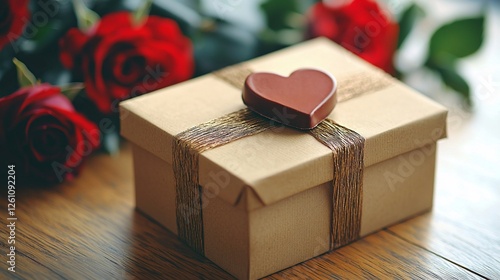 Gift box with chocolates and roses on wooden table. Romantic present photo