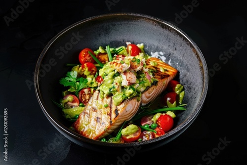 Fresh Seafood Delight on Plate with Seared Salmon, Crab, and Tomato