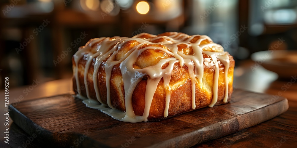 Fototapeta premium Cream Cheese Swirl Bread: A delectable loaf of cream cheese swirl bread, glistening with a rich, creamy glaze, sits on a rustic wooden board. The warm lighting enhances its irresistible appeal.