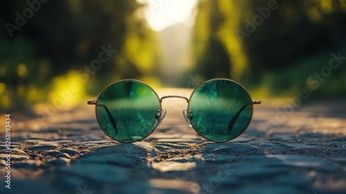 Wallpaper Mural Sunglasses resting on a cobblestone path bathed in warm sunlight during a peaceful afternoon stroll Torontodigital.ca