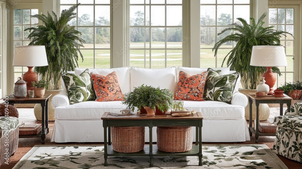 Fototapeta premium Sunroom Sofa with Tropical Plants and Decor