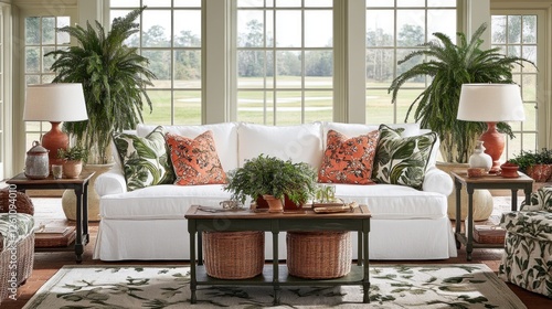 Sunroom Sofa with Tropical Plants and Decor photo