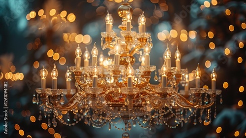 Elegant crystal chandelier illuminates a festive background.