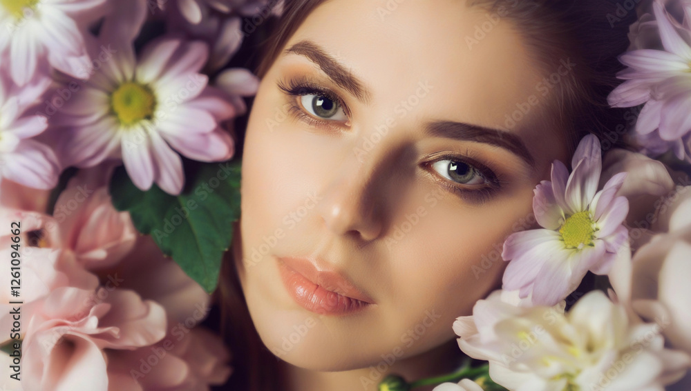 A close-up portrait of a woman with soft natural makeup, surrounded by delicate pastel-colored flowers. A close-up portrait of a woman with soft natural makeup, surrounded by delicate pastel-colored flowers.