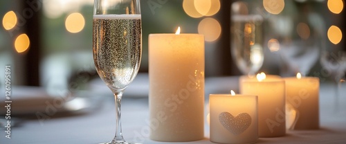 Champagne and candles on a table, romantic evening photo