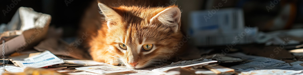 Ginger Kitten on Scattered Papers and Cardboard Ginger Kitten on Scattered Papers and Cardboard