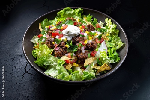 Satisfying Fresh Veggie Salad with Succulent Beef Patties and Crunchy Tortilla Strips