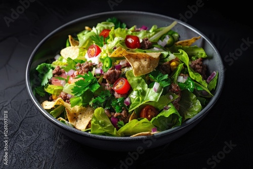Layered Taco Salad with Cherry Tomatoes and Tortilla Strips
