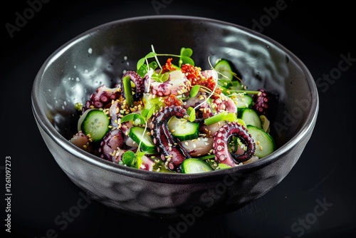Vibrant Garnishes Elevate Tako Poke Dish