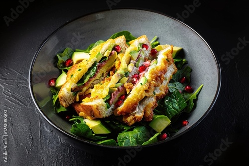 Golden Brown Tempura Battered Sandwiches on Fresh Spinach photo