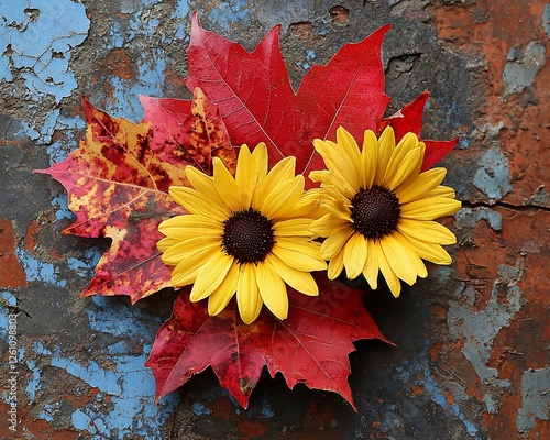 Autumn leaves and flowers on weathered surface; decorative display photo