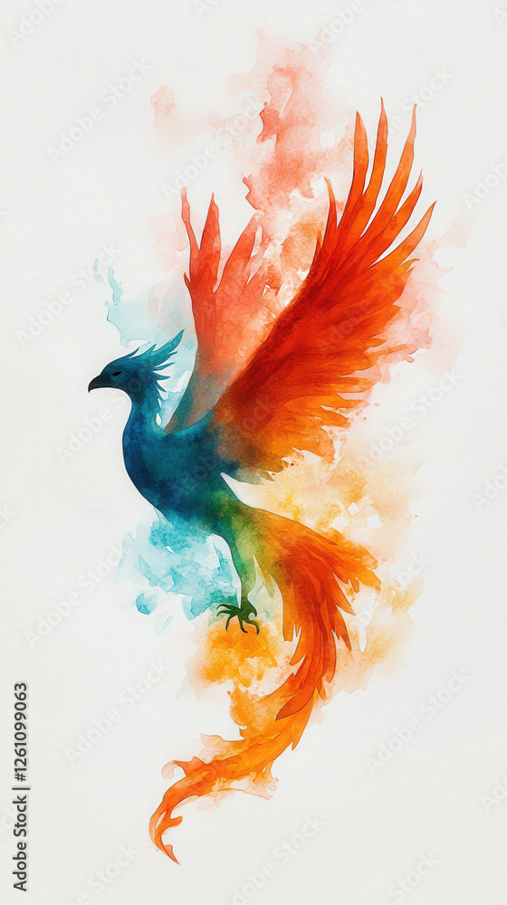 Obraz premium vibrant watercolor painting of phoenix rising, showcasing fiery orange and blue hues blending beautifully. artwork symbolizes rebirth and transformation, evoking sense of hope and renewal