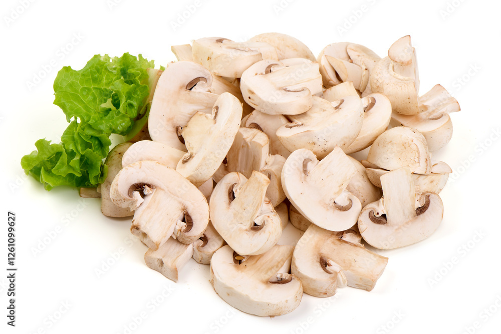 White champignons mushrooms, isolated on white background. White champignons mushrooms, isolated on white background.
