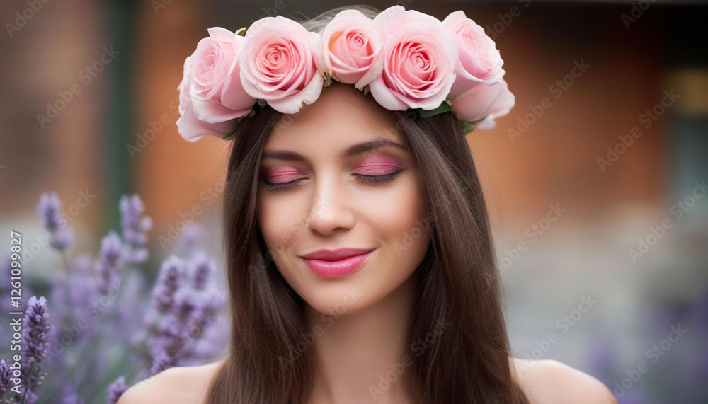 Naklejka premium Extreme close up portrait of a woman with a flower crown made of soft pink roses and lavender, her face glowing with a gentle smile.