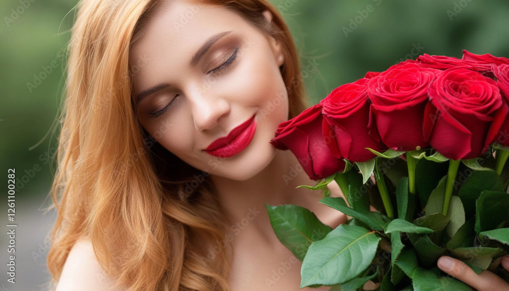 Naklejka premium Extreme close up portrait of a woman holding a bouquet of red roses, her eyes closed, a serene smile on her lips as if in a moment of pure joy.