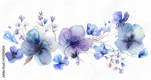 Fototapeta Naklejka Na Ścianę i Meble -  Watercolor Blue Flowers Arrangement: Delicate Floral Border for Spring and Summer Design