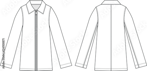collared zippered long sleeve straight jacket coat trenchcoat template technical drawing flat sketch cad mockup fashion woman design style model 
