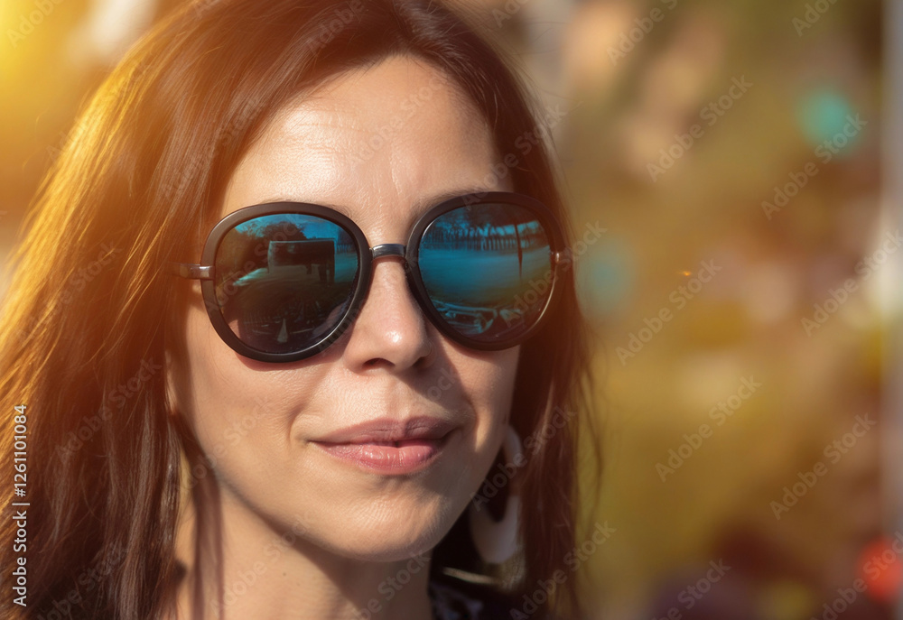 Extreme close-up portrait of a woman with a bright smile, wearing oversized sunglasses, with a vibrant sunset reflecting in the lenses. Extreme close-up portrait of a woman with a bright smile, wearing oversized sunglasses, with a vibrant sunset reflecting in the lenses.