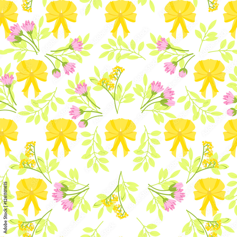 Fototapeta premium Seamless pattern of yellow bows and small flowers with leaves on a white background