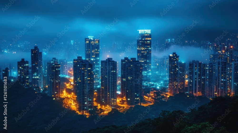 Night Skyline With Illuminated Skyscrapers in Mist Night Skyline With Illuminated Skyscrapers in Mist